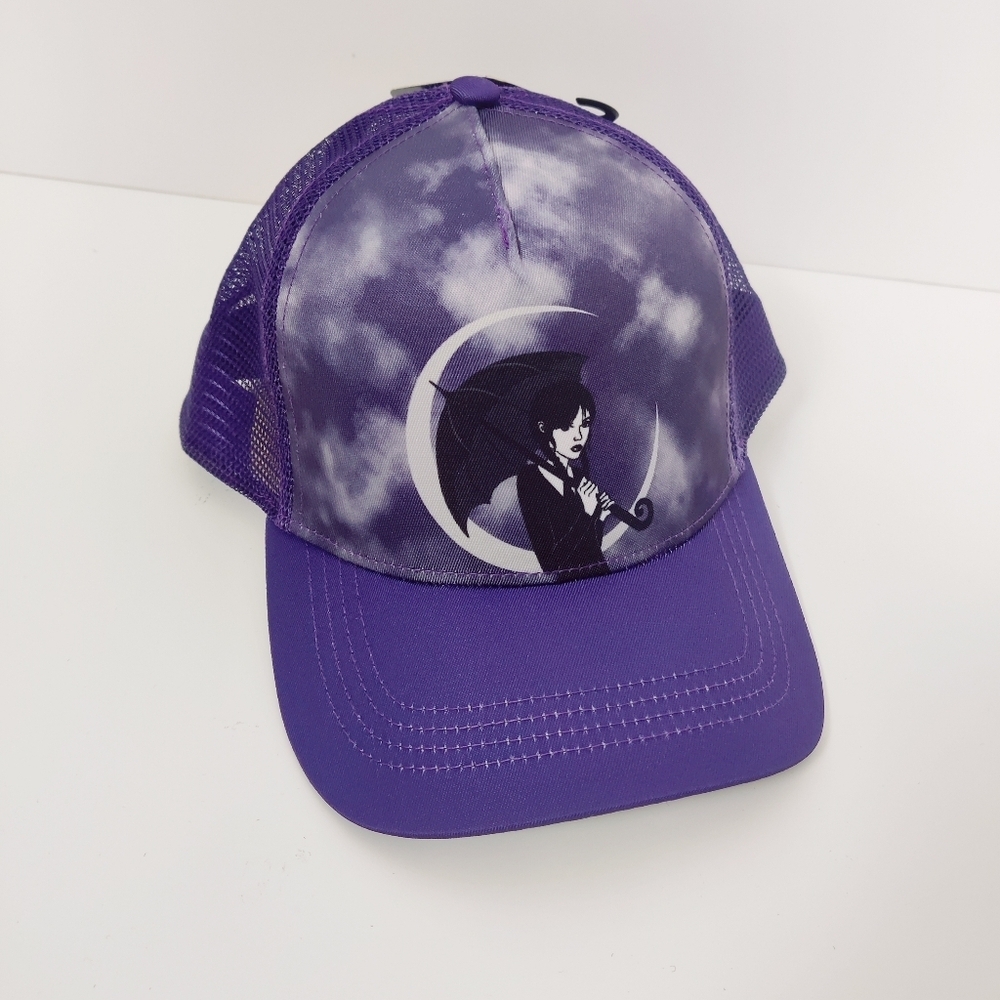 Wednesday Addams Hat Halloween Cap One Size Purple Black NEW Goth Emo Moon Mesh